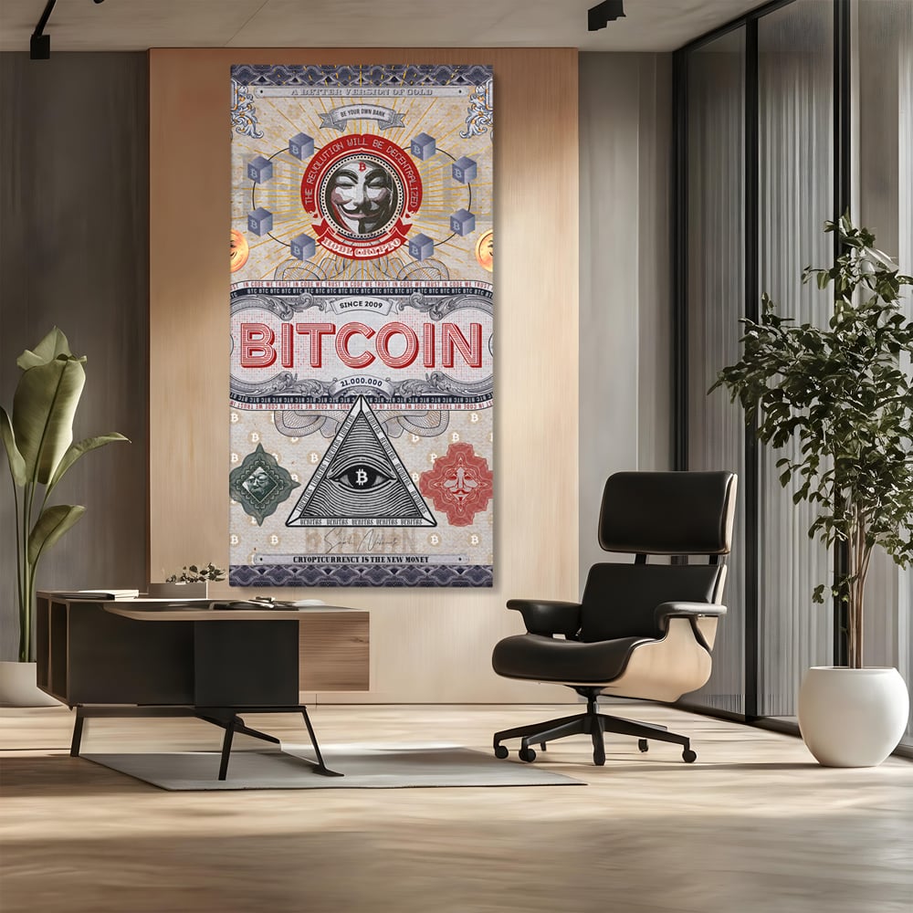 Tablou canvas cu ilustratie digitala cu tema bitcoin si criptomonede, fara rama, pe sasiu de lemn, pe perete intr-un birou